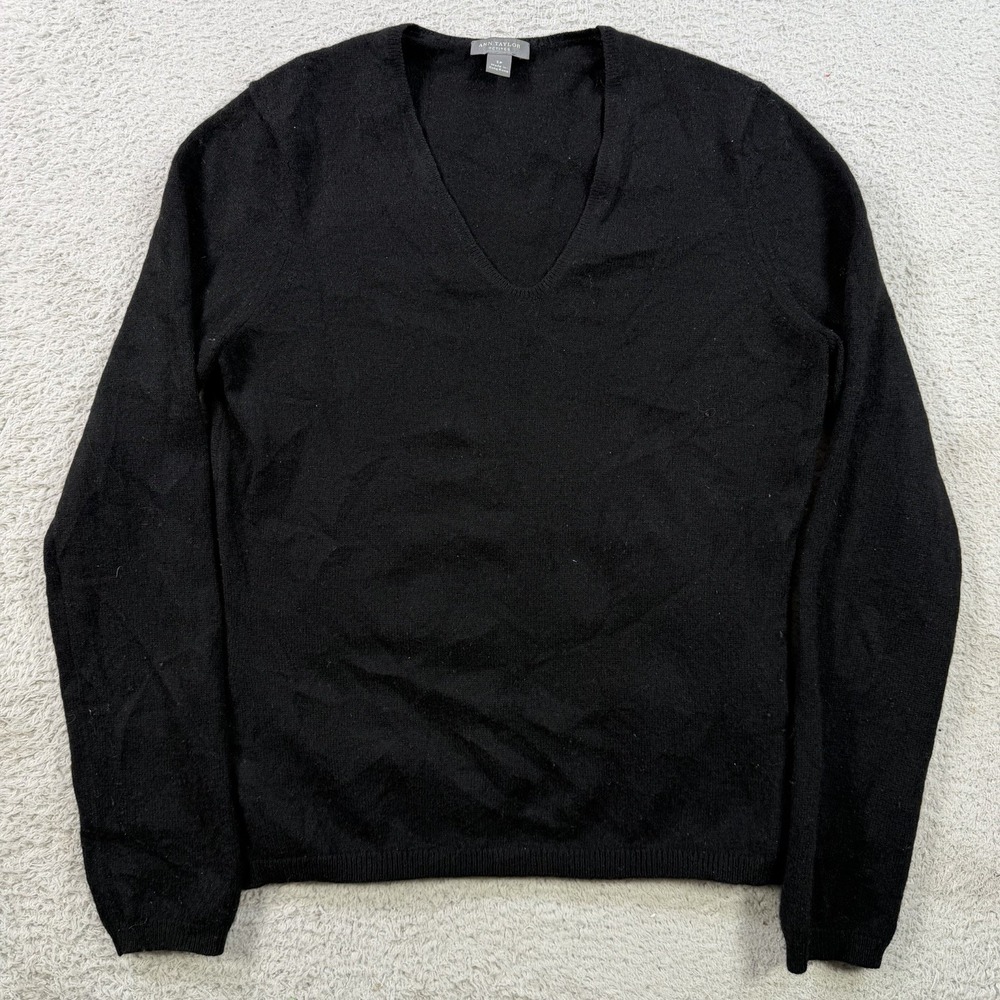 Ann Taylor Sweater Womens Small Petite Black 100% Cashmere V Neck Pullover Soft